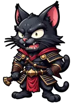 gatto guerriero nero corazzato di rabbia e d'oro