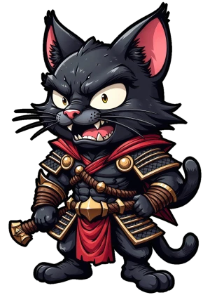 chat guerrier noir blindé de rage et d'or