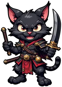 чёрный кот-воин, держащий клинок и ножны