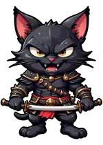 lama del gatto guerriero nero sopra la fascia scarlatta