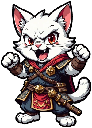 gatto bianco guerriero si prepara a un balzo con la zampa chiusa