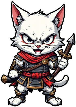 gatto bianco guerriero composto in armatura scura