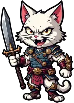 ghigno feroce del guerriero gatto bianco vestito di bronzo