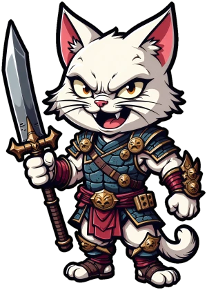 ghigno feroce del guerriero gatto bianco vestito di bronzo