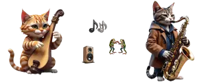 gatos músicos tocam um dueto para rãs dançarinas