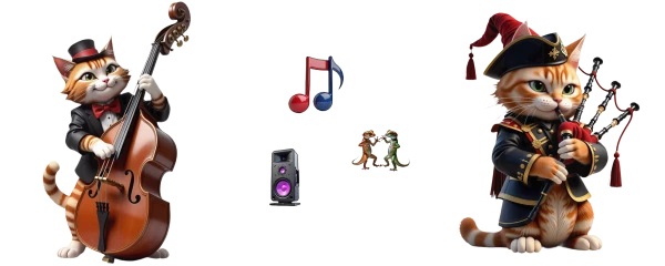 gatos músicos tocan bajo y gaitas para lagartos
