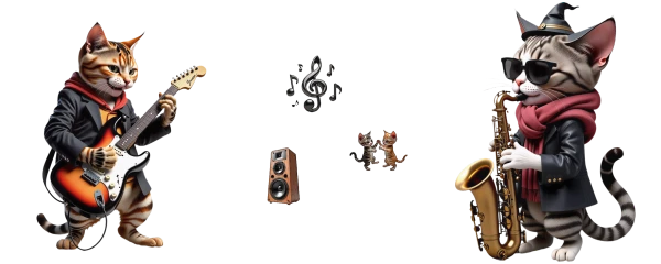 gatinhos dançam ao som da guitarra e gatos saxofonistas