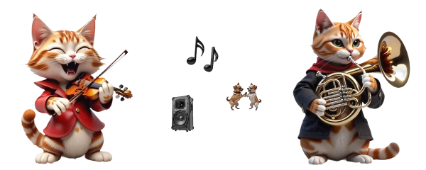 gatos músicos de violino e trompa fazem os cães dançar