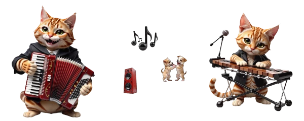 gatos músicos com acordeão e xilofone fazem serenata a cachorrinhos dançarinos
