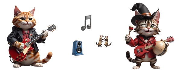 músicos gatos de rock tocam para doninhas dançarinas