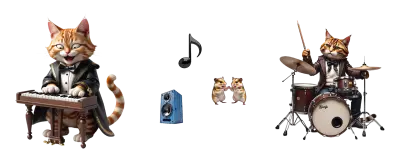 hamsterlar için klavye ve davul çalan kedi müzisyenler