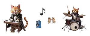 gatos músicos al teclado y batería para hámsteres