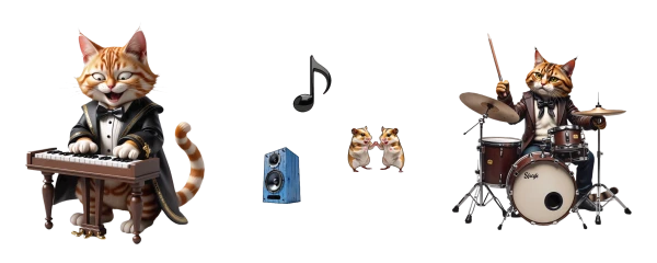 hamsterlar için klavye ve davul çalan kedi müzisyenler