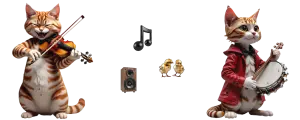gatos músicos haciendo una sesión de improvisación de música campestre americana para dos jóvenes chicas