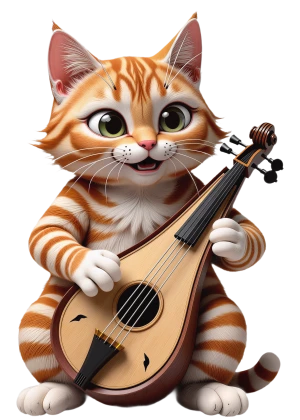 con zampe felici il gatto suona il suo mandolino