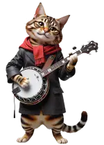 kırmızı eşarplı bir kedi banjo çalıyor