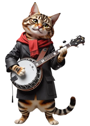 kırmızı eşarplı bir kedi banjo çalıyor