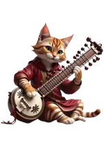 un gatto sereno in una veste cremisi suona il sitar