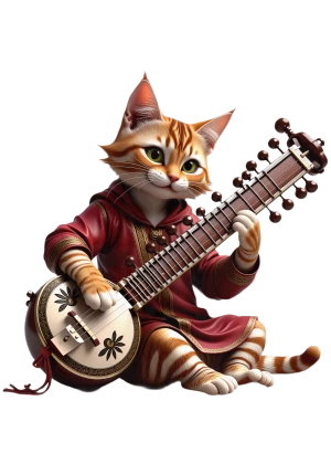 un gatto sereno in una veste cremisi suona il sitar