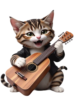 un chat joue de la guitare avec un miaulement endiablé