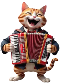 кот играет на аккордеоне с клыкастым оскалом