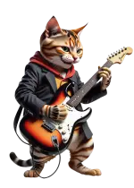 gatto incappucciato in una giacca suona la sua chitarra