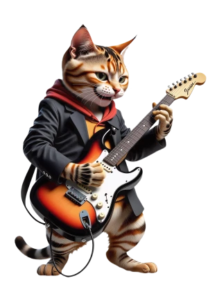 gatto incappucciato in una giacca suona la sua chitarra