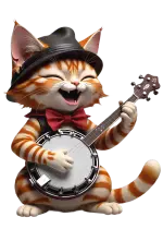 bir kedi keskin dişli bir şarkı eşliğinde banjo çalar