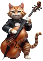 frak giymiş bir kedi kontrbas çalar