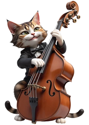um gato presunçoso de smoking toca contrabaixo