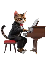 kırmızı papyonlu hüzünlü bir kedi piyano çalıyor