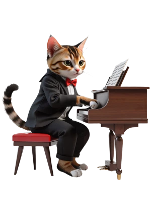um gato sombrio com um laço vermelho toca piano