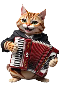 ухмыляющийся кот в пиджаке играет на аккордеоне