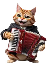 il gatto sorridente in giacca suona la fisarmonica