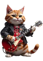 vestito di pelle, questo gatto suona una chitarra rossa
