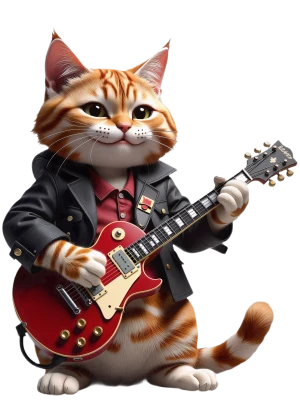 clad in leather, this cat plays a red guitar