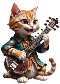 i̇pek giysili bir kedi sitar'ı neşeyle çalıyor