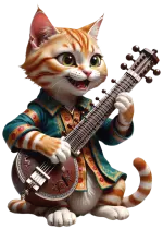 un gatto vestito di seta suona il sitar gioiosamente