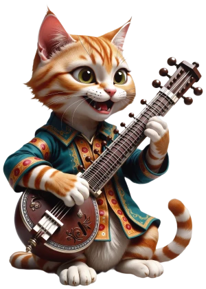 i̇pek giysili bir kedi sitar'ı neşeyle çalıyor