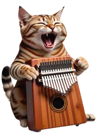bir kedi, başparmak piyanosunu mutlu bir kükremeyle çalar