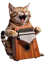 un gatto suona la sua kalimba con un ruggito felice