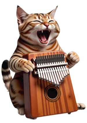 bir kedi, başparmak piyanosunu mutlu bir kükremeyle çalar