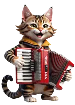 çizgili bir kedi akordeonu şevkle çalar
