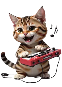 клыкастый кот играет на диком синтезаторе