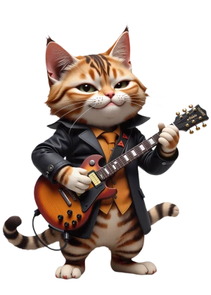 a smug cat in leather plays his rock guitar