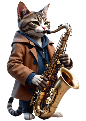 este gato elegante toca el saxofón de maravilla
