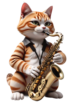 tombul bir kedi duygulu bir saksafon çalar