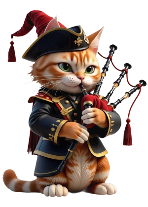 an admiral cat plays its tasseled bagpipes