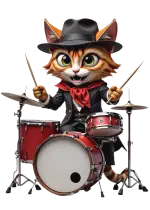 un gatto jazzistico con un fedora suona la batteria