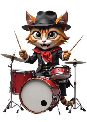 un gatto jazzistico con un fedora suona la batteria